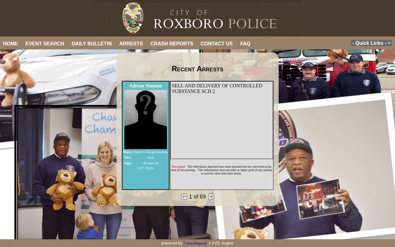 Roxboro Police P2C arrests page for official city arrest record lookup
